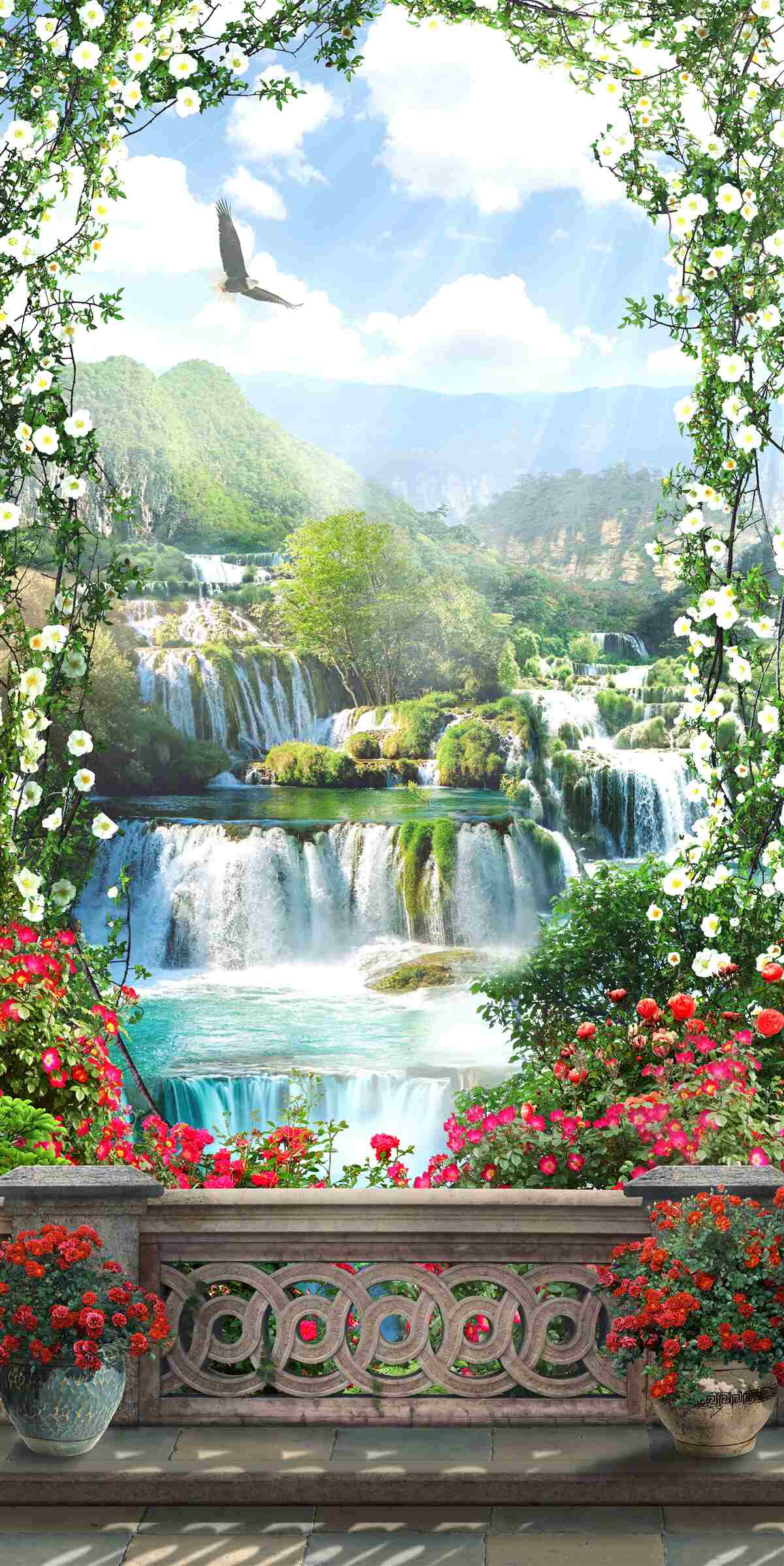 Fotobehang waterval landschap vanaf het balkon
