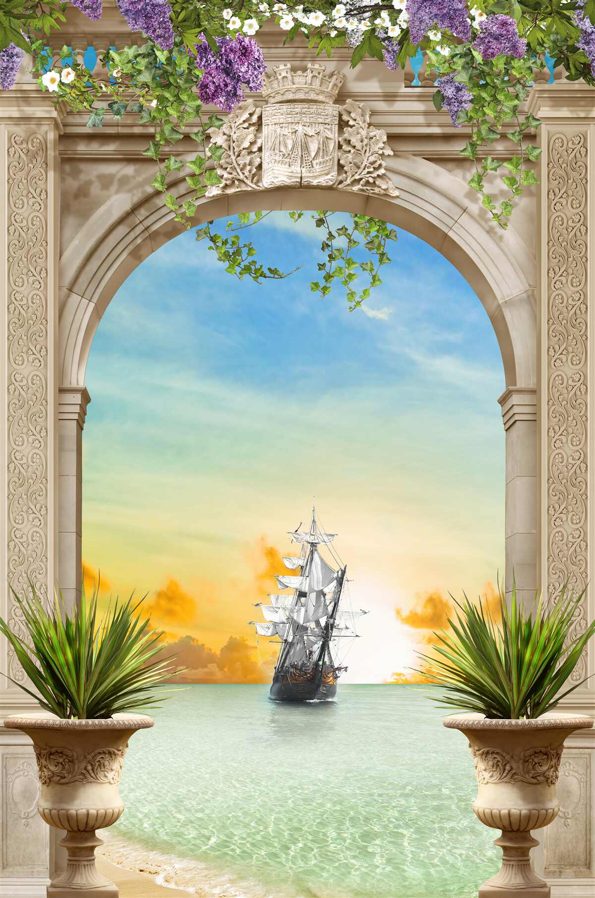 Fotobehang zeegezicht vanaf de boeg met een passerend schip