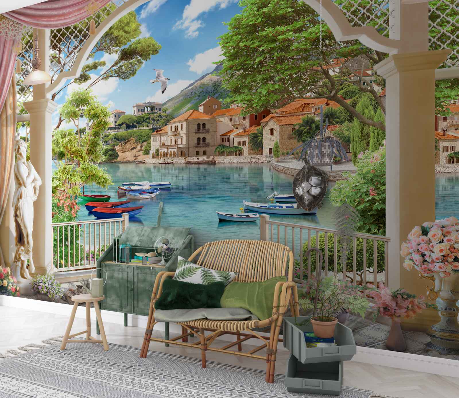 Fotobehang balkon met uitzicht op zee en boten