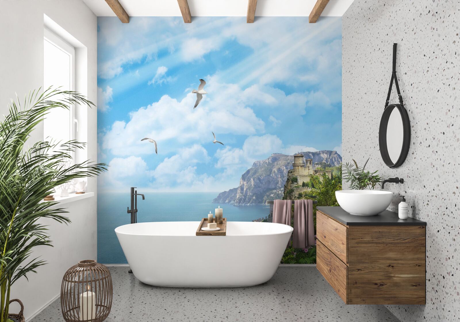 Fotobehang vogels die over de oceaan vliegen