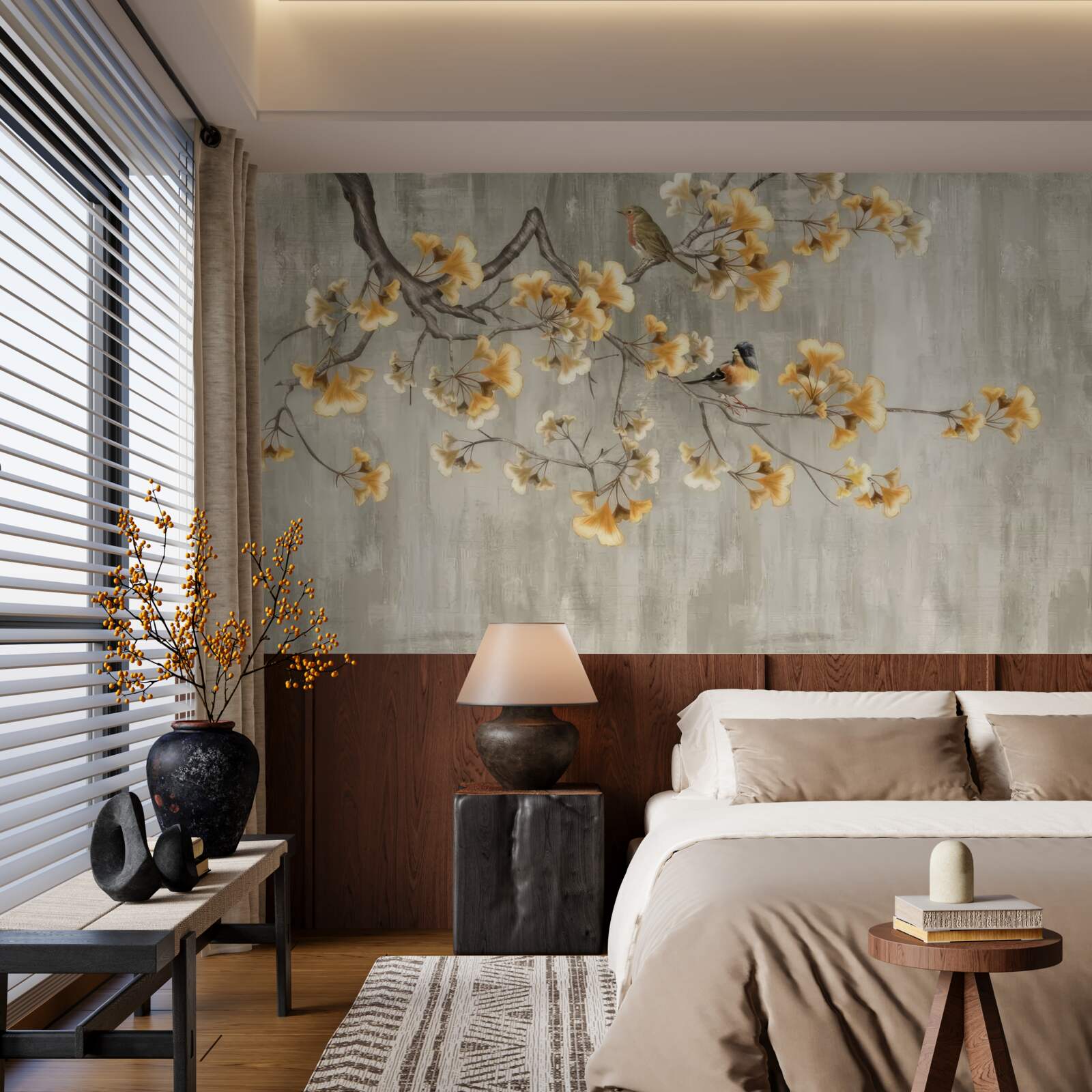 Fotobehang vogels op een tak met gele bloemen