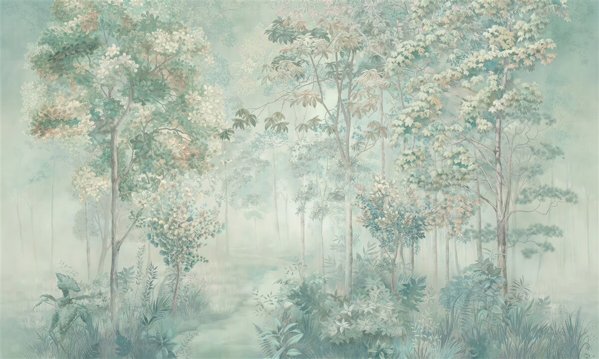 Fotobehang mysterieus bos gehuld in mist