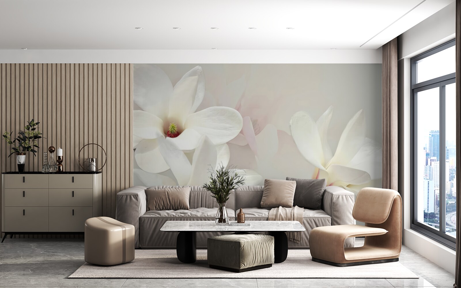 Fotobehang grote witte bloemen in volle bloei