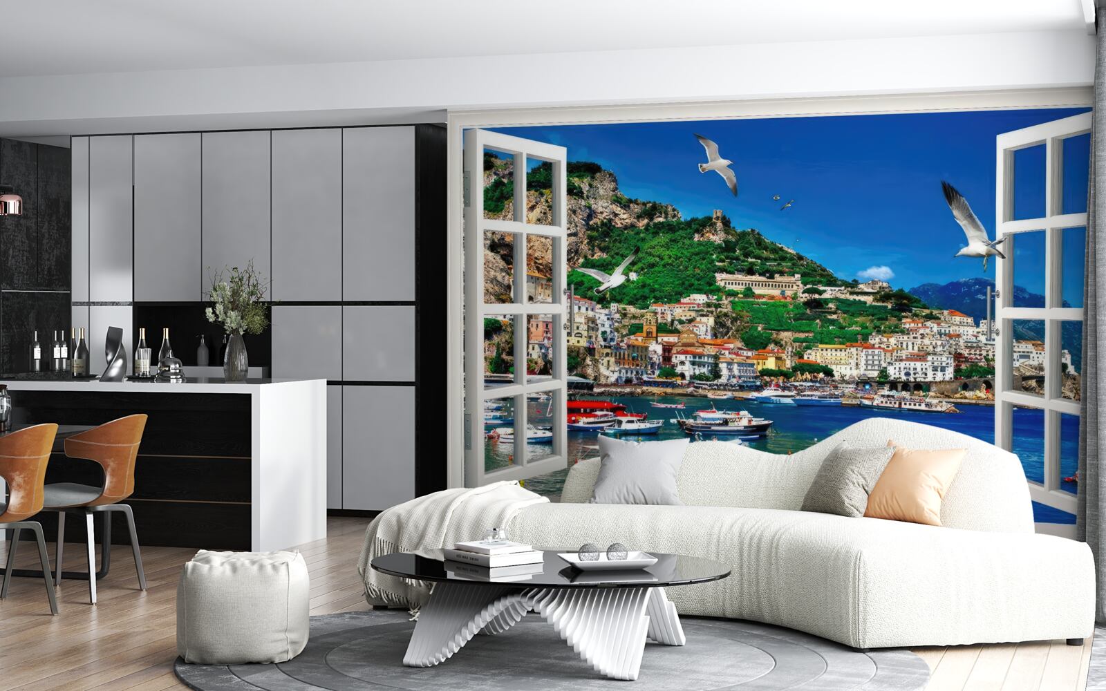 Fotobehang panoramisch uitzicht op de zee en de stad vanuit het raam