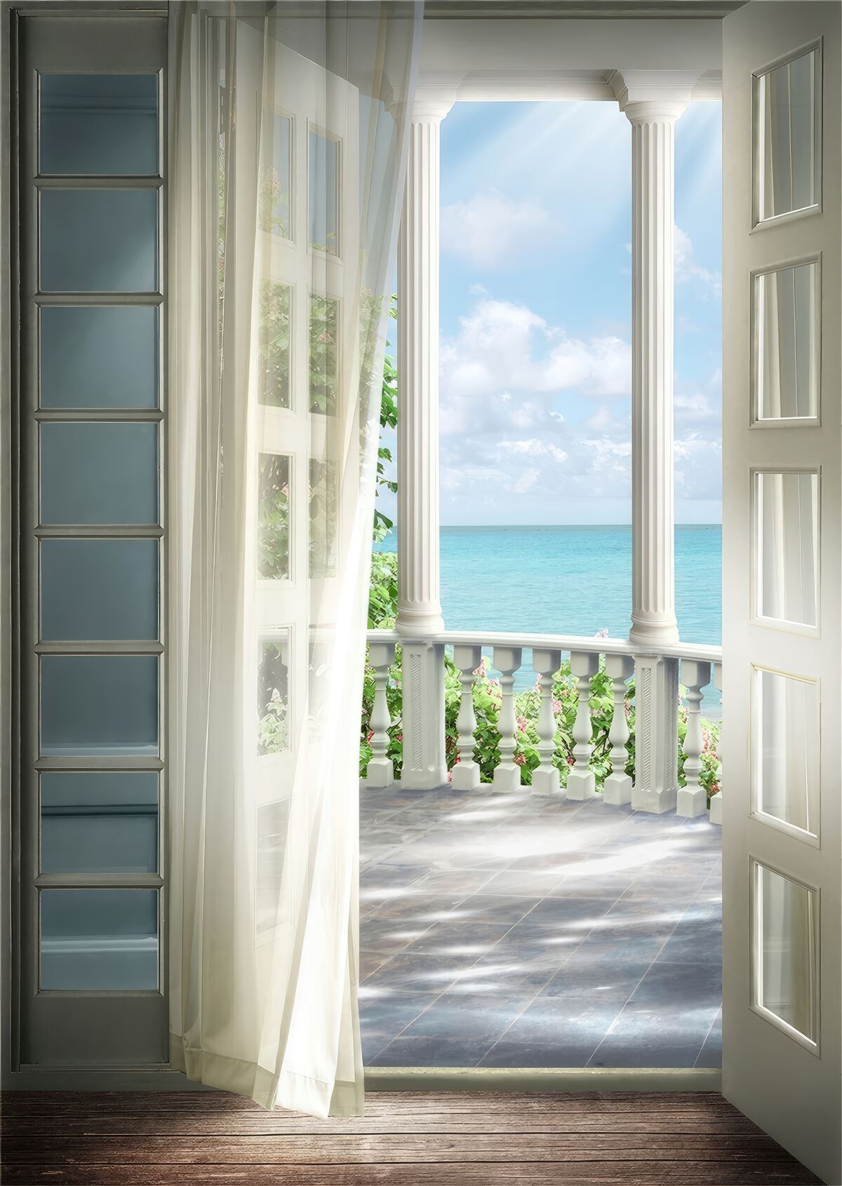 Fotobehang de deur naar het balkon staat open