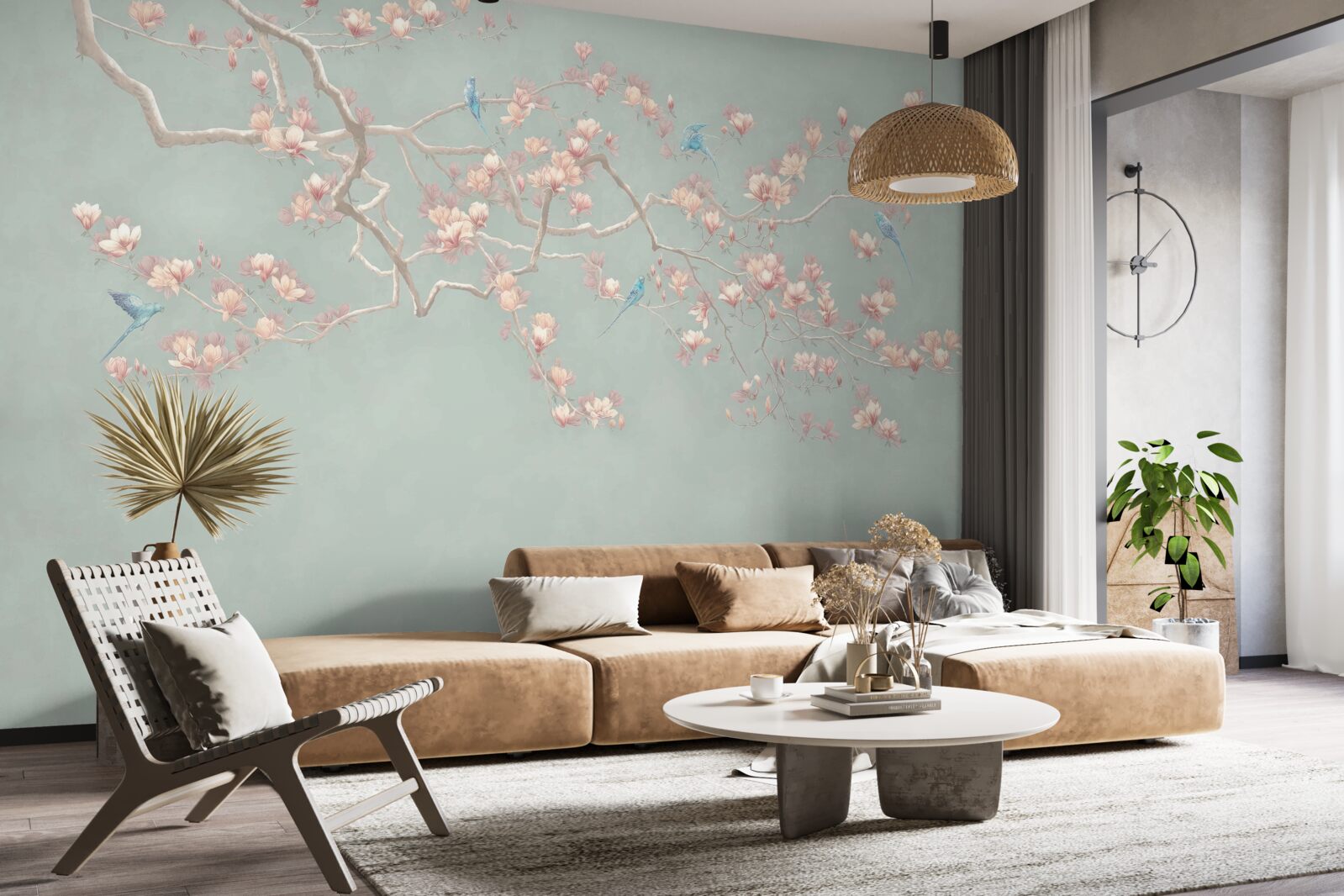 Fotobehang tak met bloeiende bloemen en bosbessen