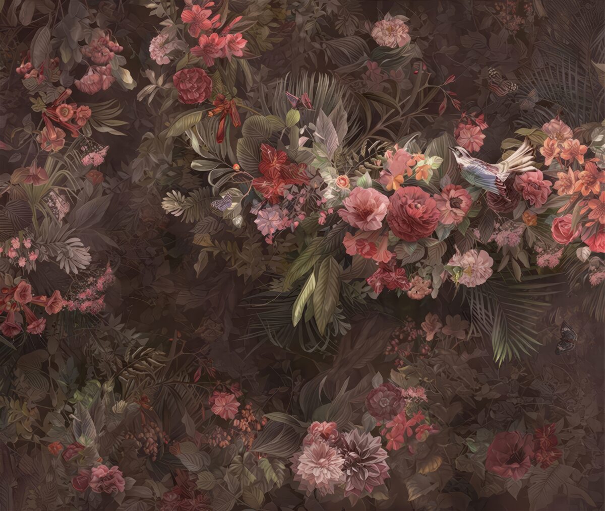 Fotobehang donkere tuin met bloemen