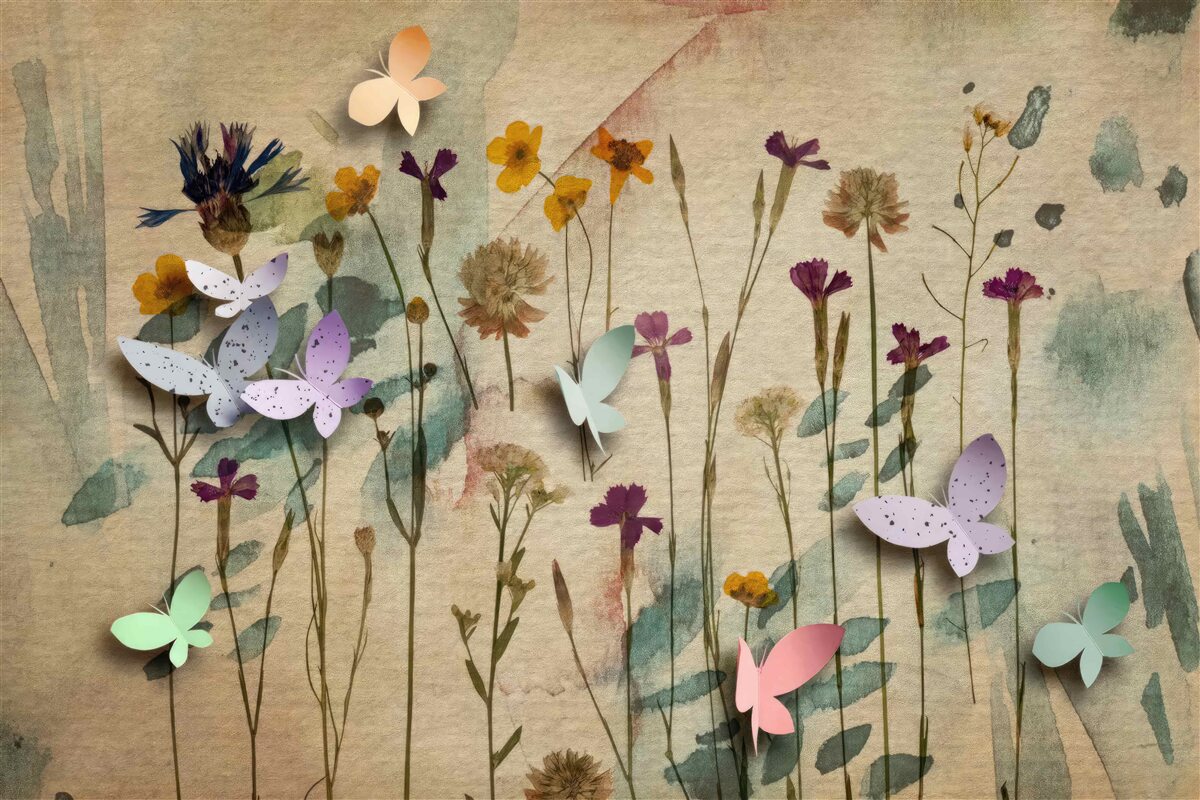 Fotobehang grote bloemen en vlinders in de tekening