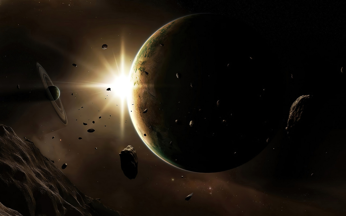 Fotobehang planeten en kometen die voorbij razen
