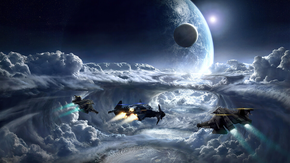 Fotobehang dichte wolken tegen de achtergrond van een grote planeet