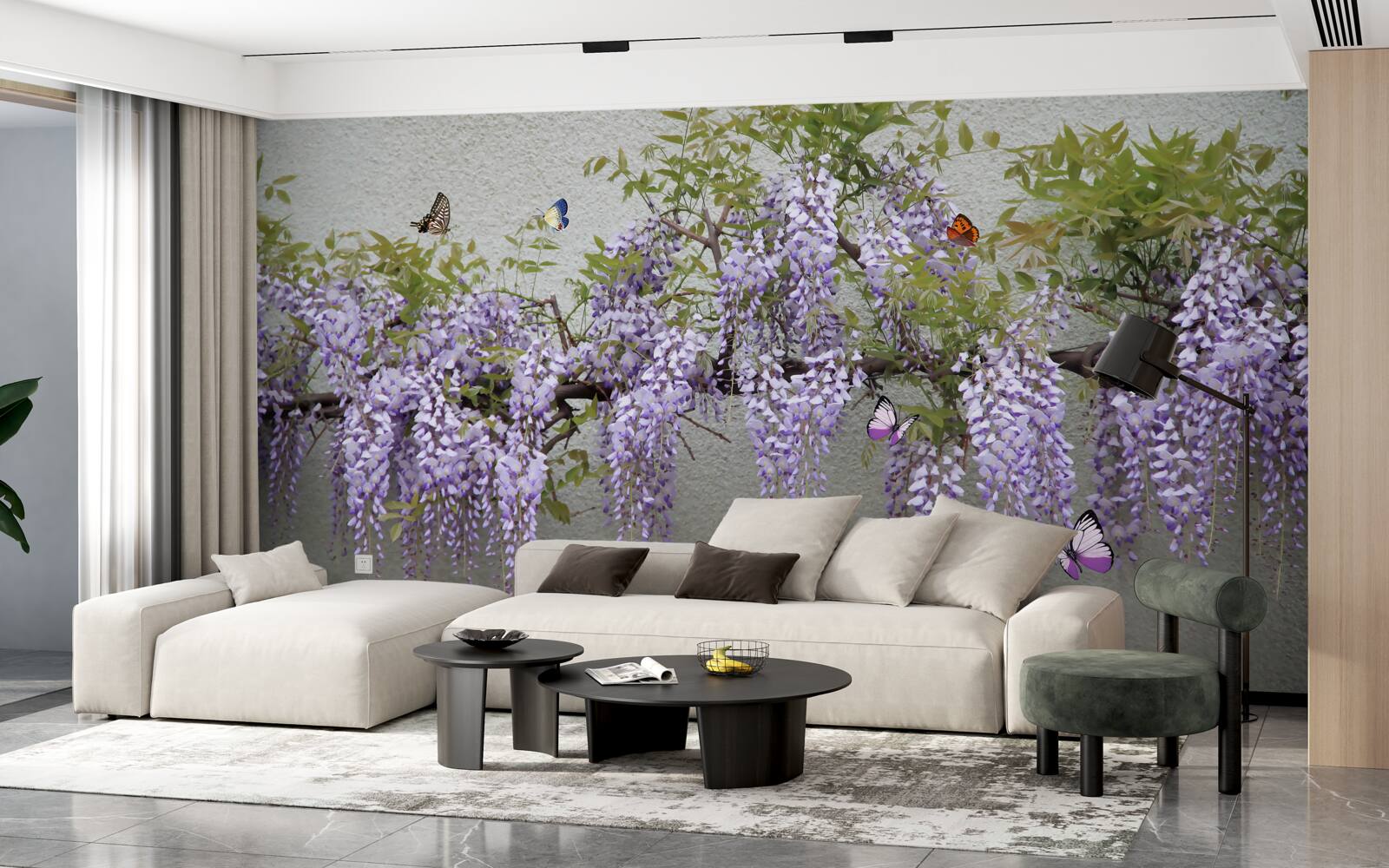 Fotobehang een tak met lila bloesems en fladderende vlinders