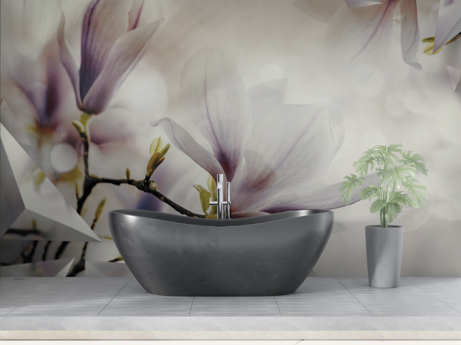 Fotobehang grote lila bloemen en witte vormen