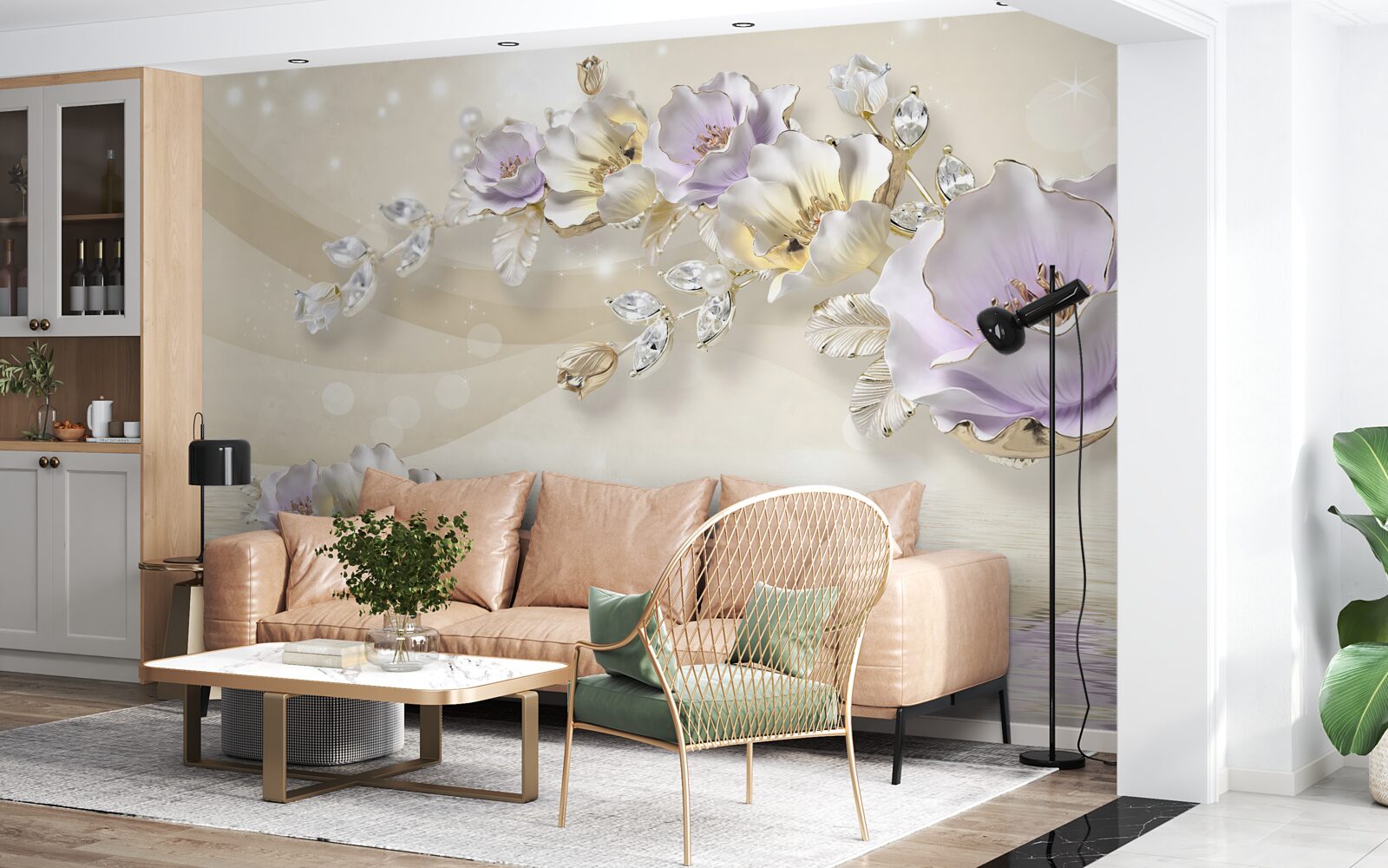 Fotobehang violet en crème bloemen