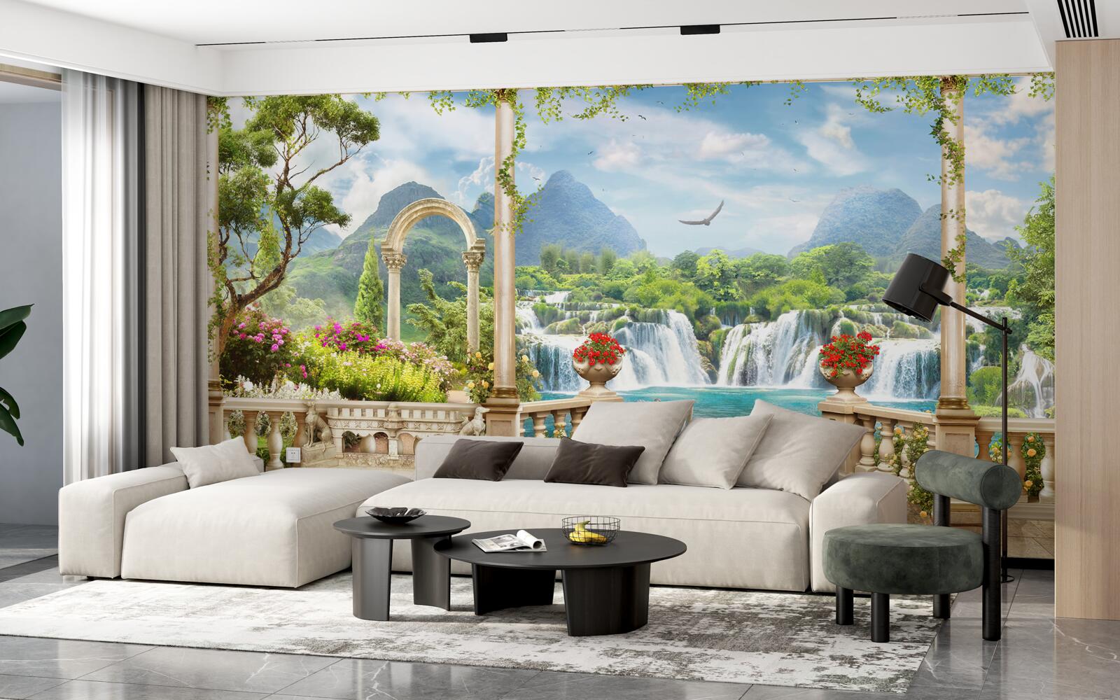Fotobehang het panorama op het balkon toont een waterval en sierlijk zwemmende zwanen