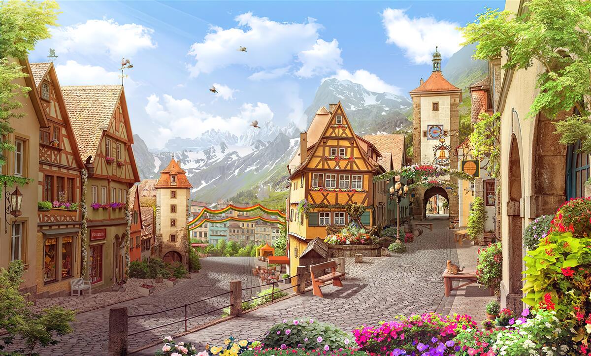 Fotobehang kleine en gezellige stad