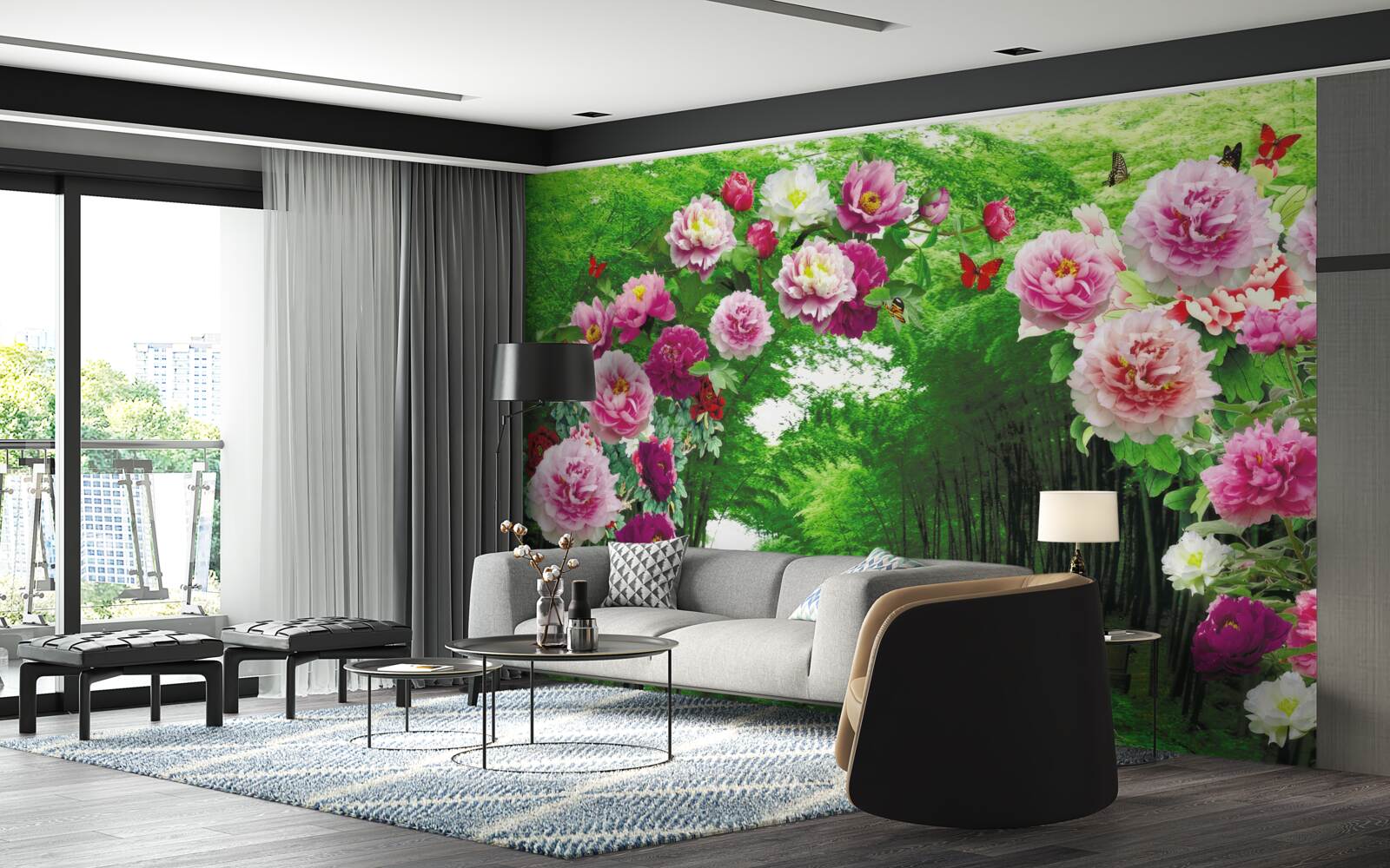Fotobehang roze bloemen bij de ingang van het bos