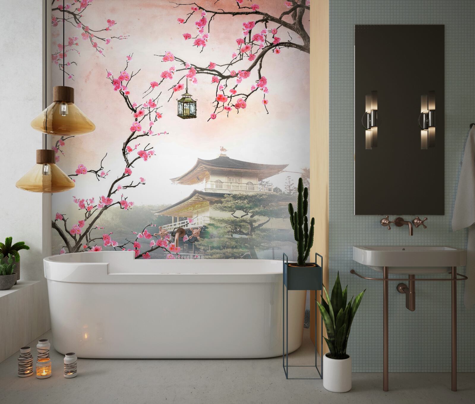 Fotobehang bloeiende sakura in een stedelijke omgeving