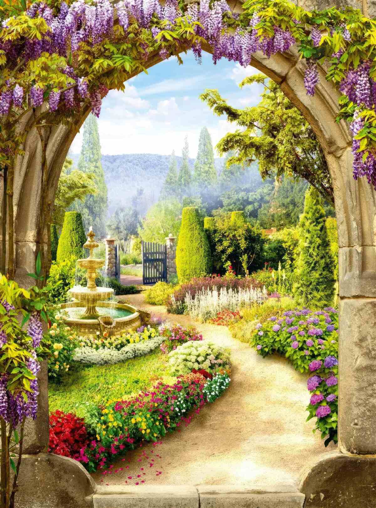 Fotobehang een prachtige bloementuin met een fontein