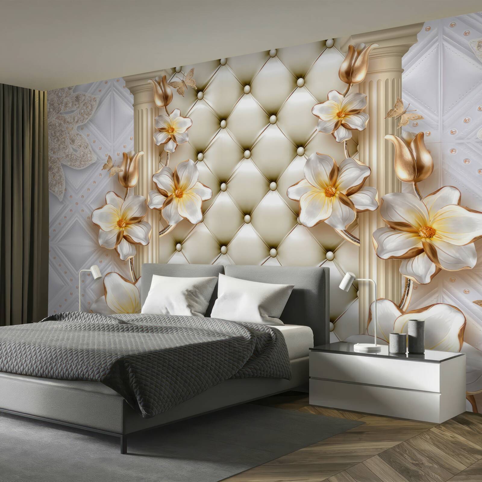 Fotobehang muur versierd met gequilte elementen in bloemenkleuren