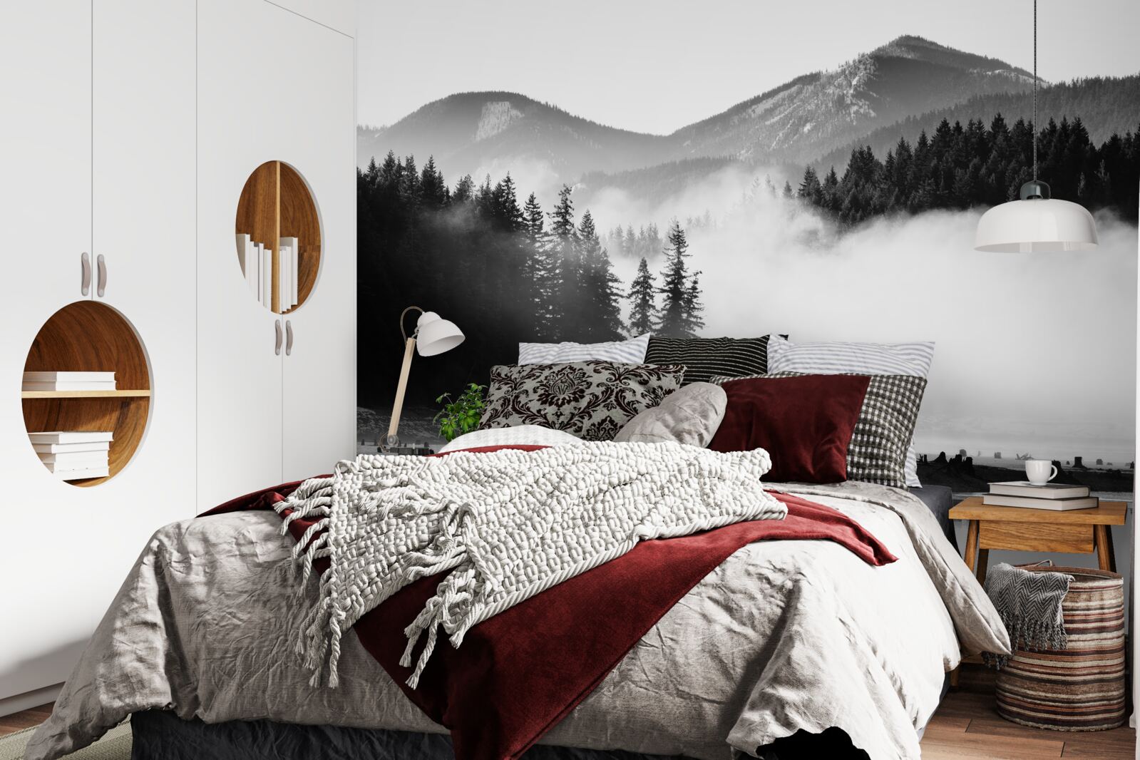 Fotobehang besneeuwde toppen gehuld in mist