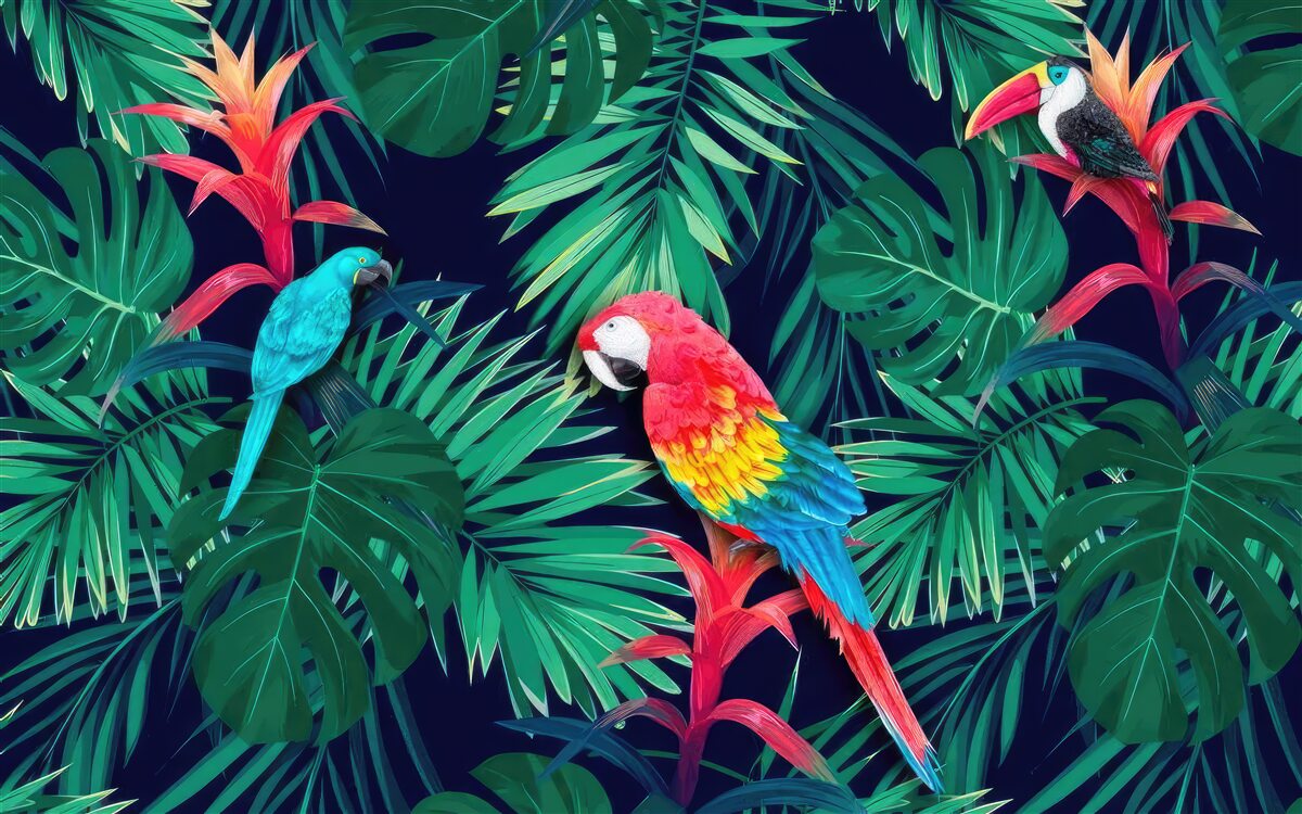 Fotobehang papegaaien op grote smaragdgroene bladeren