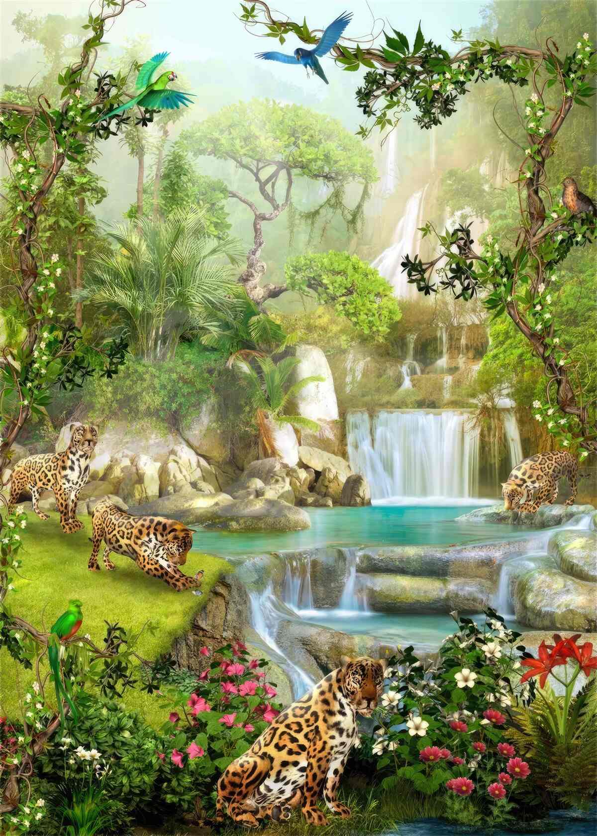 Fotobehang er zijn luipaarden boven de waterval