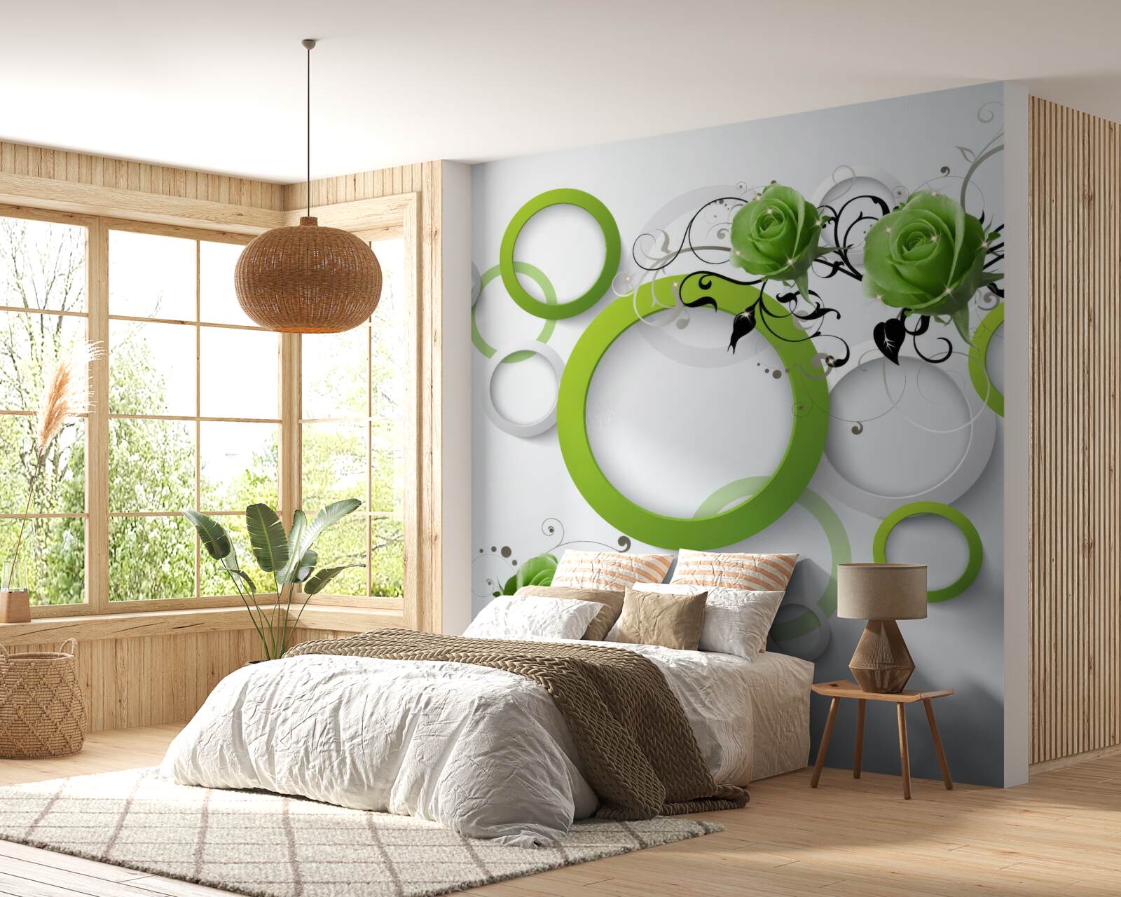 Fotobehang groene cirkels en rozen