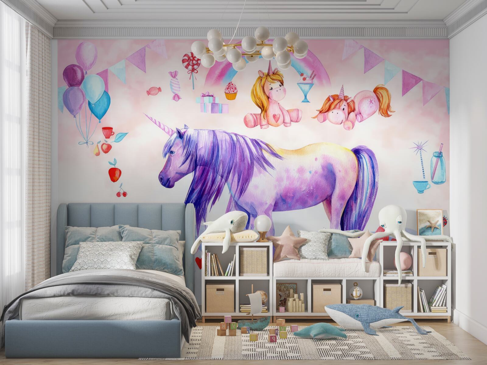 Fotobehang Eenhoorns omringd door regenbogen, bloemen en cadeaus