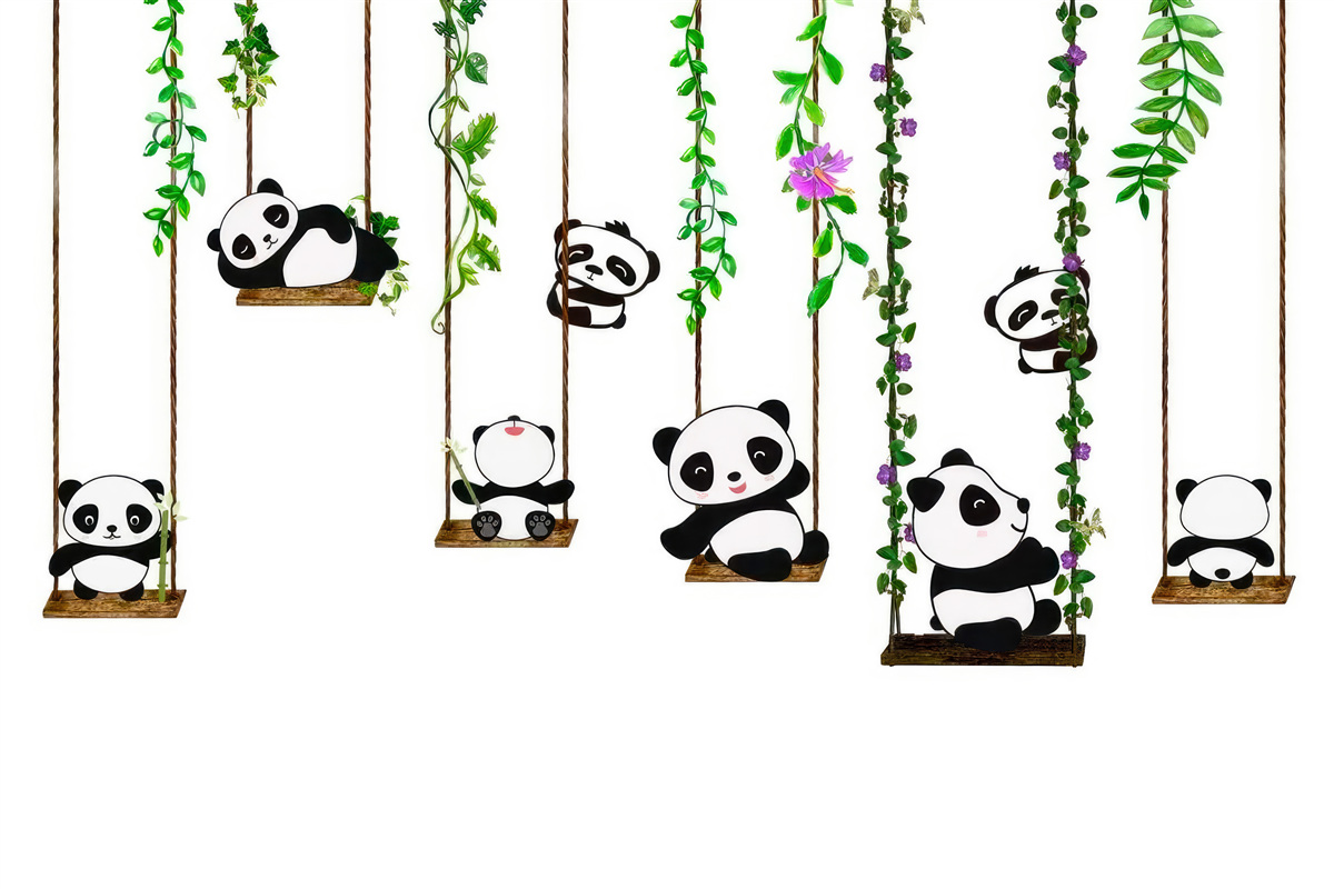 Fotobehang groene schommel vrolijke panda's