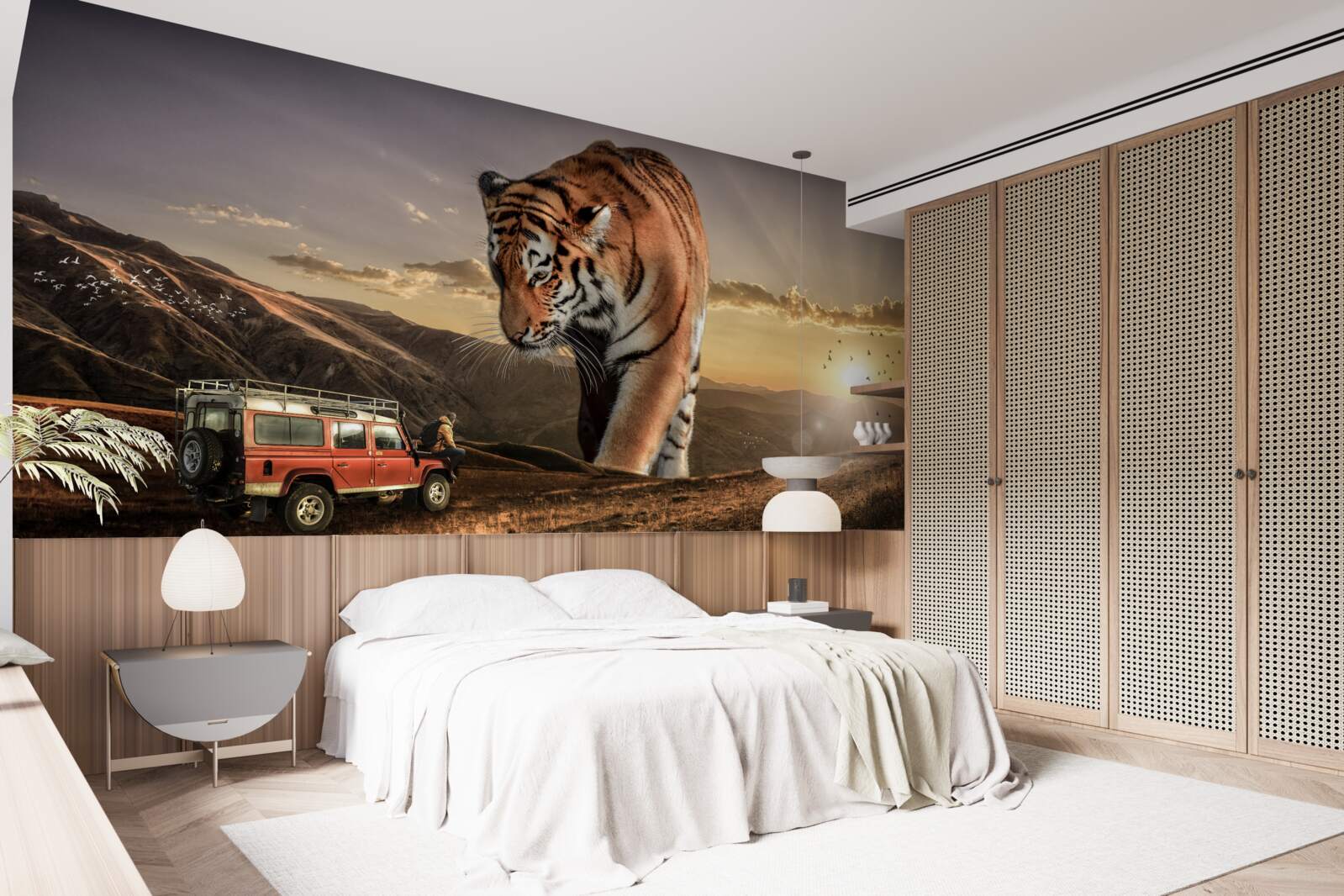 Fotobehang grote tijger kijkt naar de auto