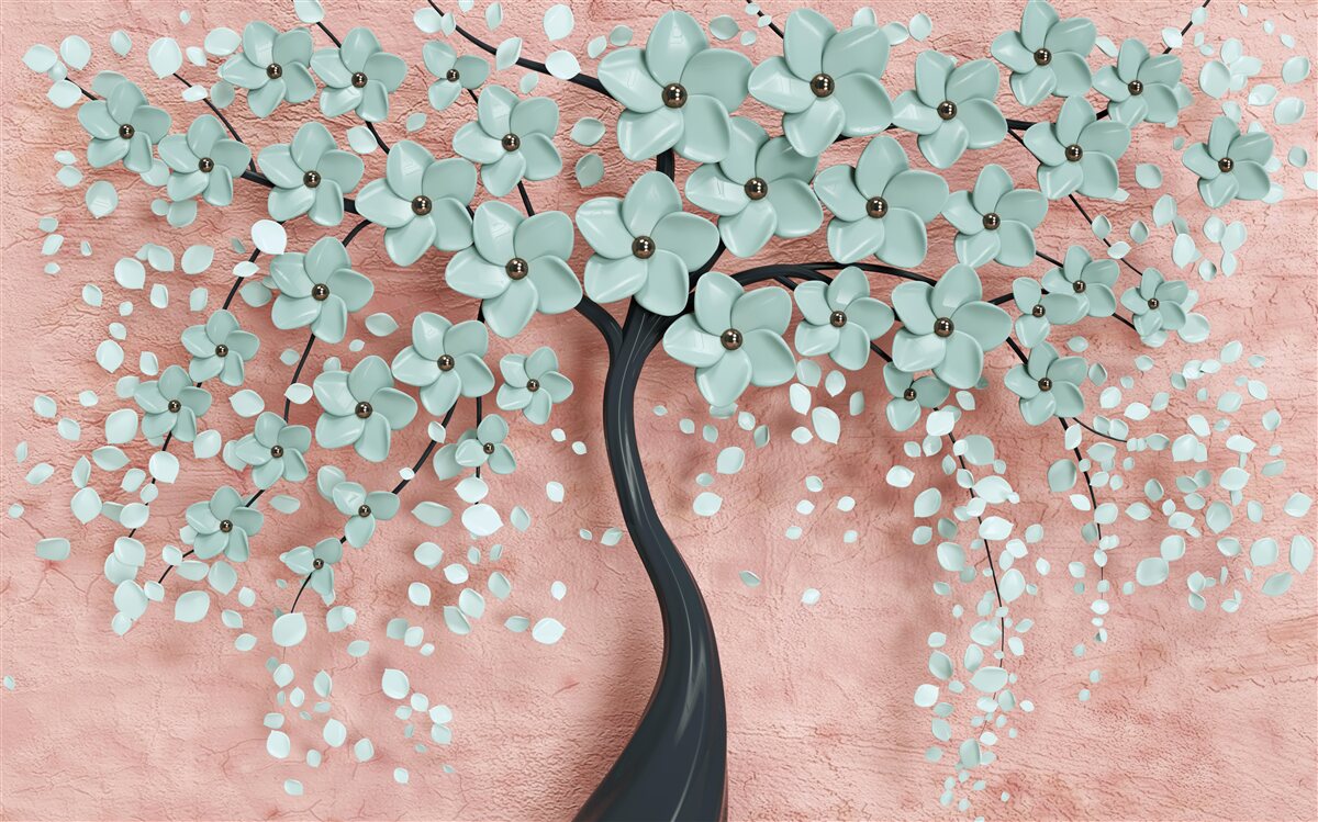 Fotobehang boom met blauwe bloemen