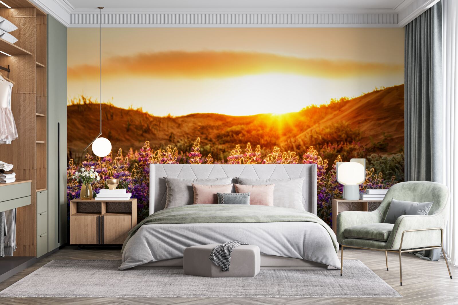 Fotobehang Veldbloemen tegen een achtergrond van zonsondergang