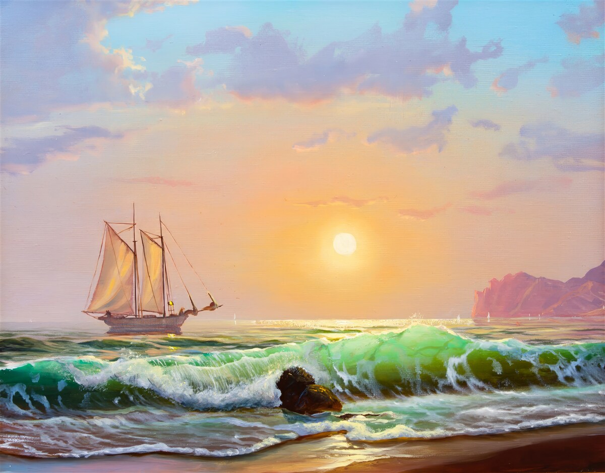 Fotobehang het schip vaart tegen de achtergrond van de zonsondergang