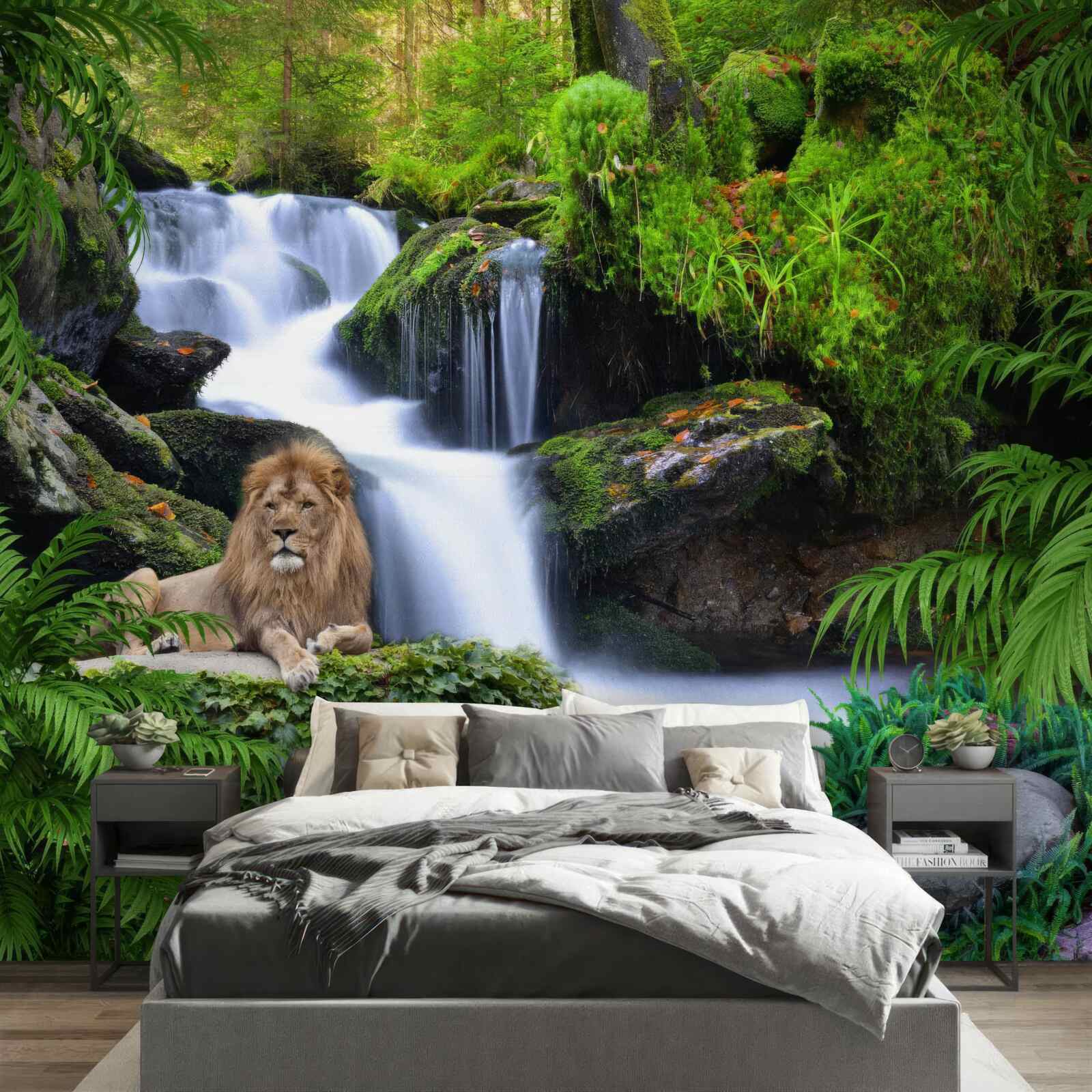 Fotobehang er is een leeuw bij de waterval