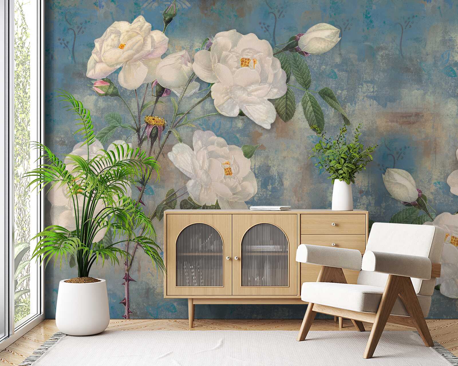 Fotobehang witte rozen aan de takken