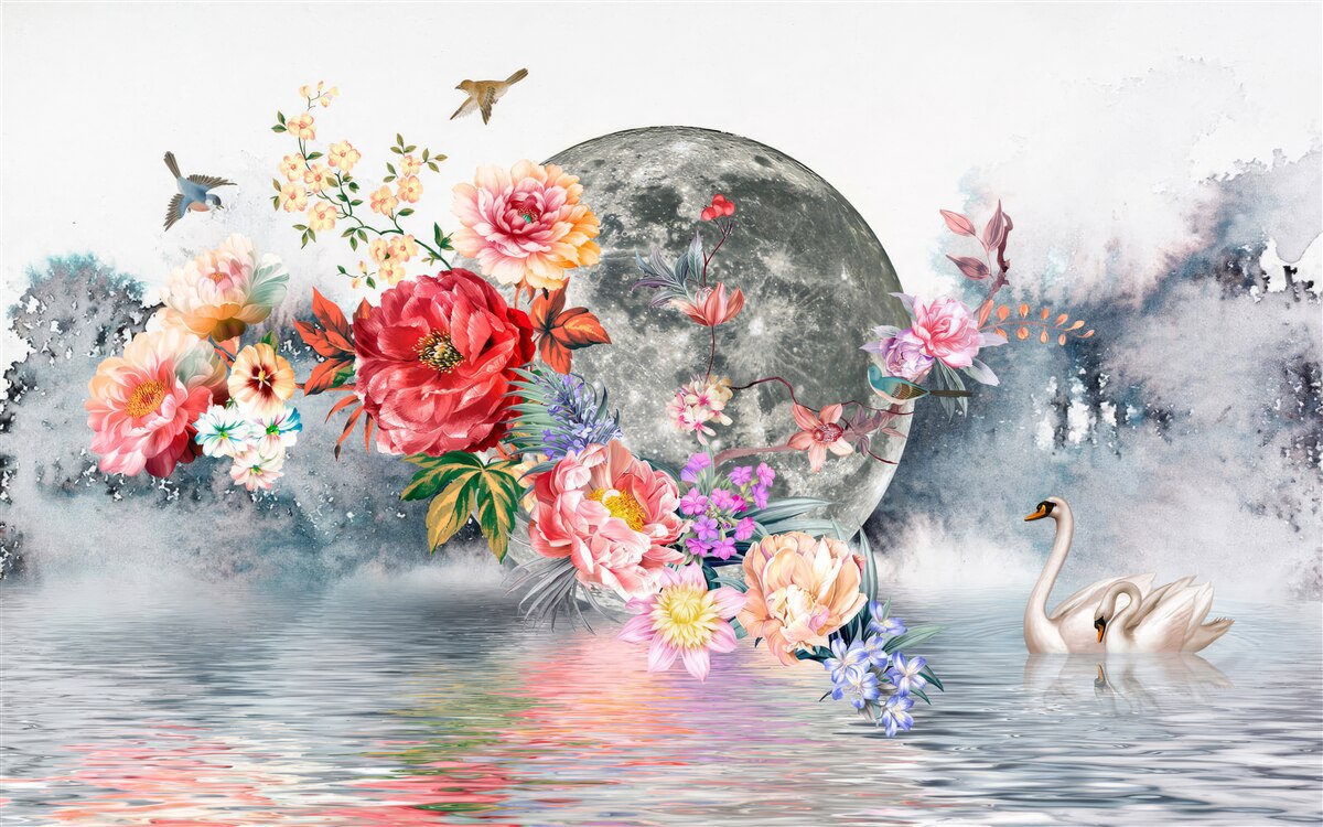 Fotobehang bloemen, volle maan en vogels