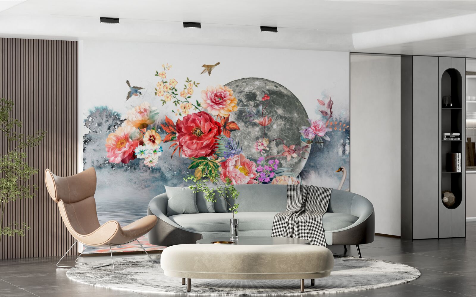 Fotobehang bloemen, volle maan en vogels