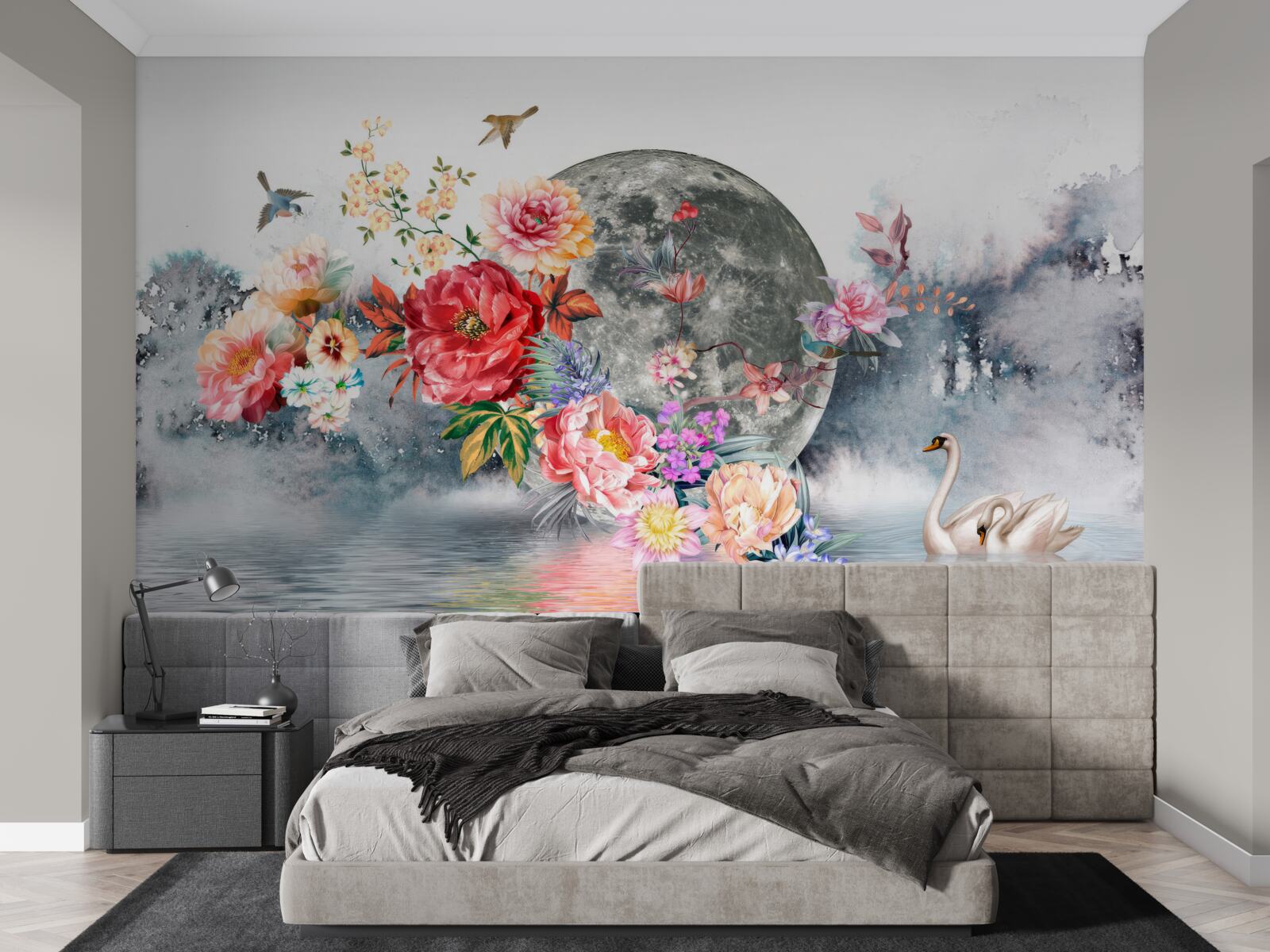 Fotobehang bloemen, volle maan en vogels