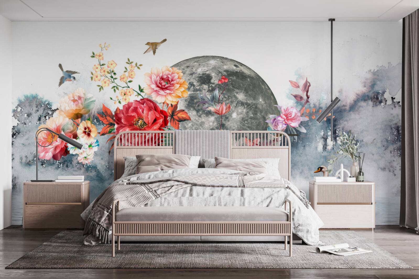 Fotobehang bloemen, volle maan en vogels