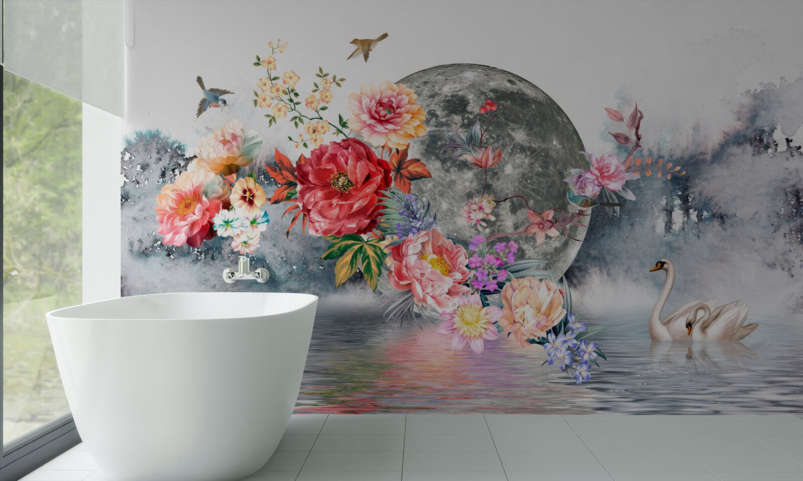 Fotobehang bloemen, volle maan en vogels
