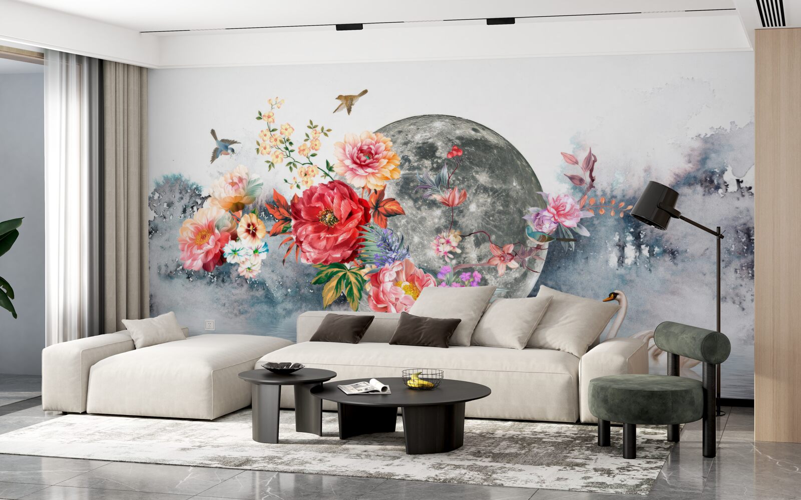 Fotobehang bloemen, volle maan en vogels
