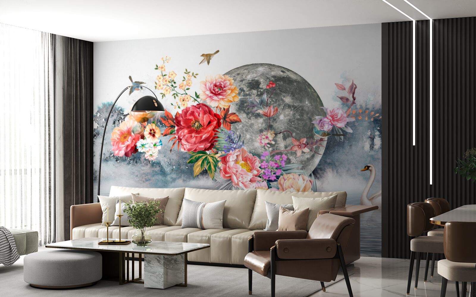 Fotobehang bloemen, volle maan en vogels