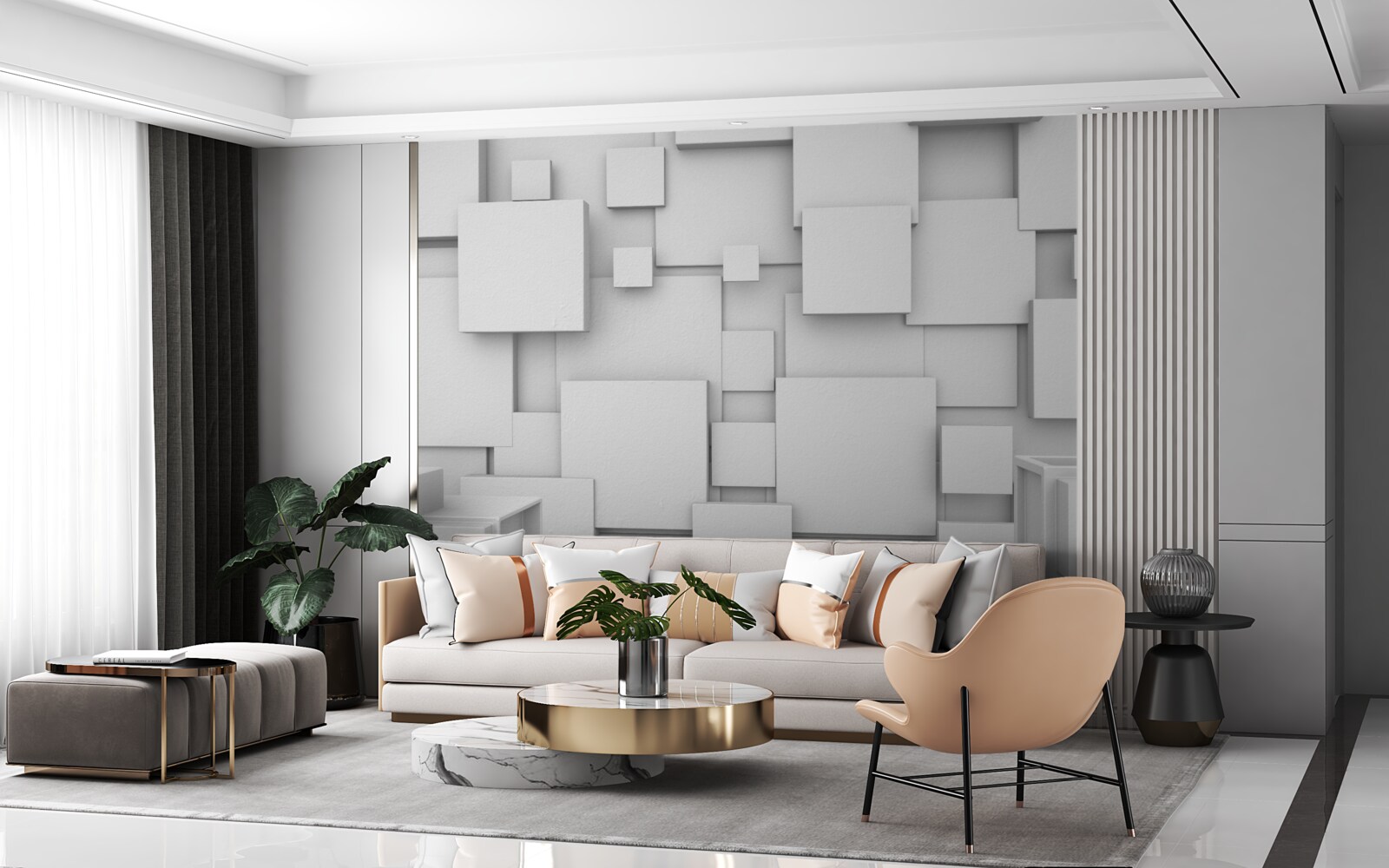Fotobehang volumetrische witte vierkanten