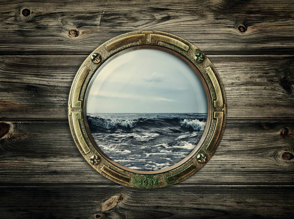 Fotobehang kajuitraam met uitzicht op de oceaan