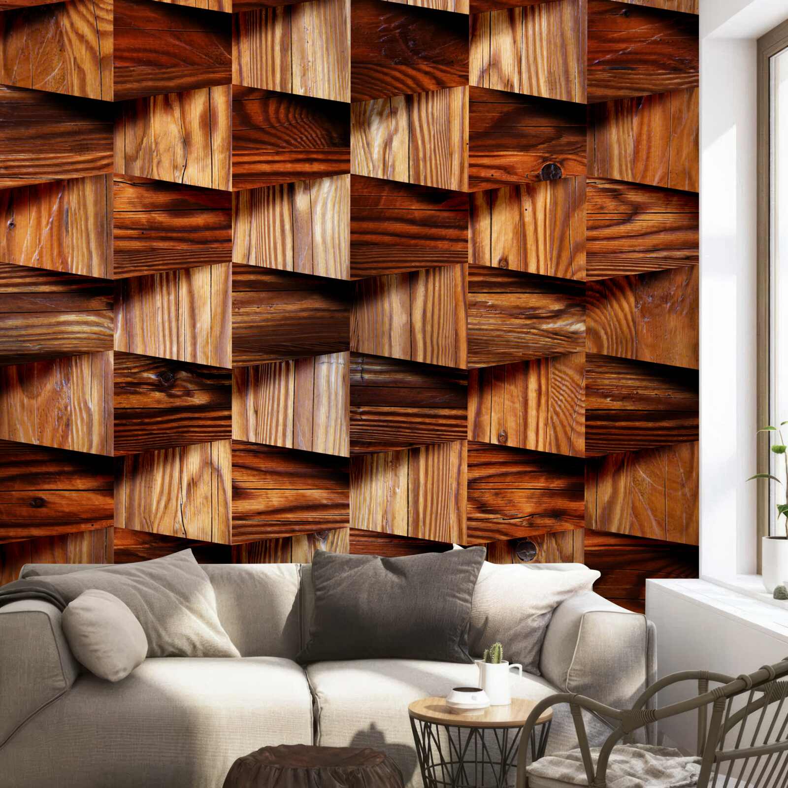 Fotobehang volumetrische houten onderdelen