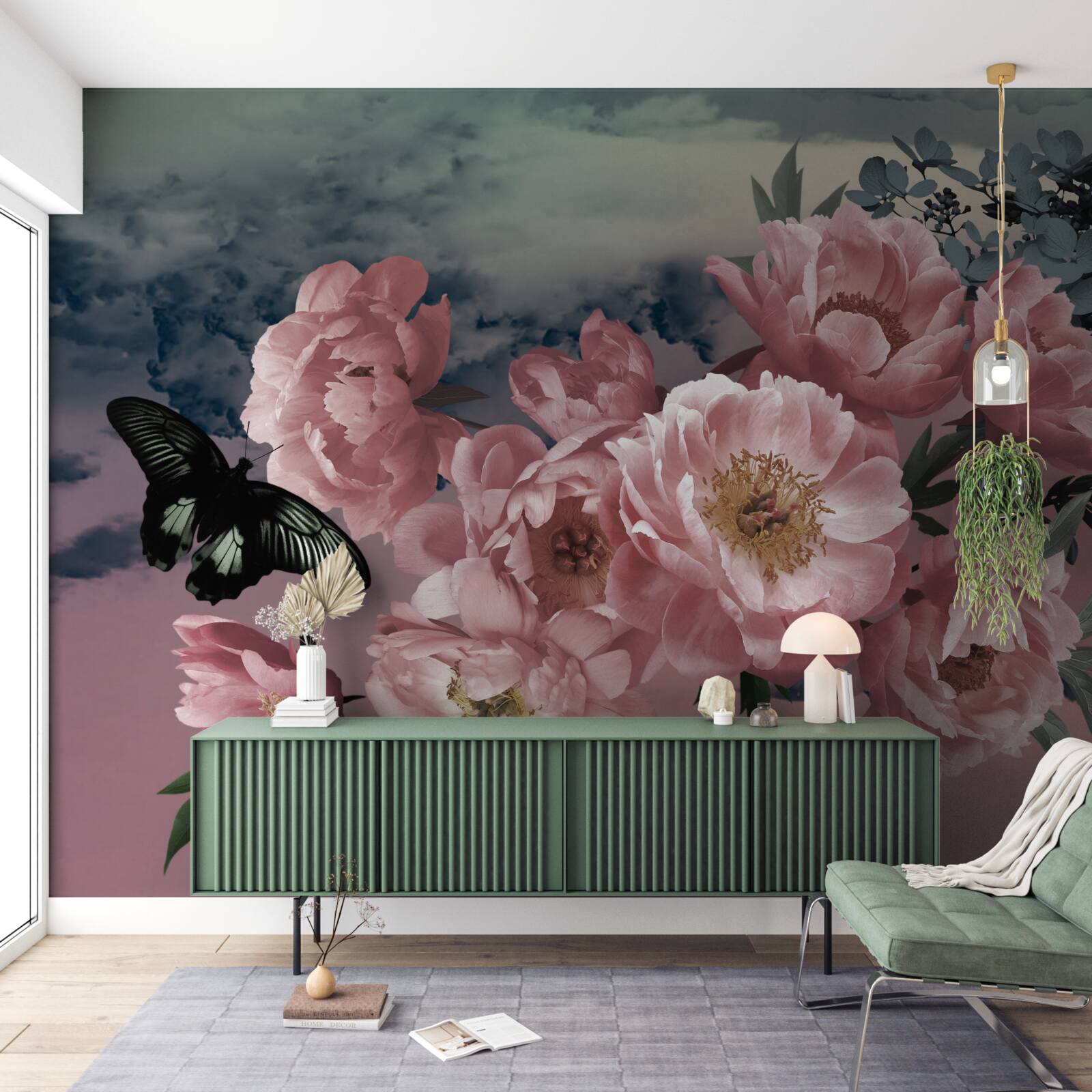 Fotobehang donkere vlinder en roze bloemen