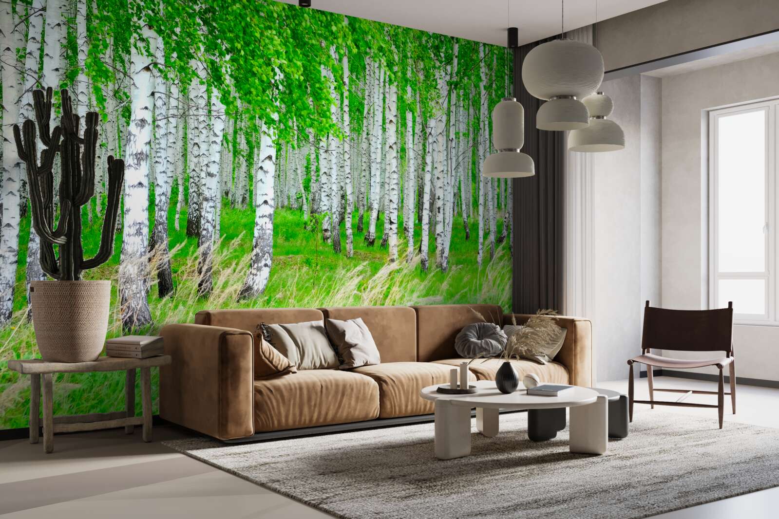 Fotobehang veld met berken op de achtergrond