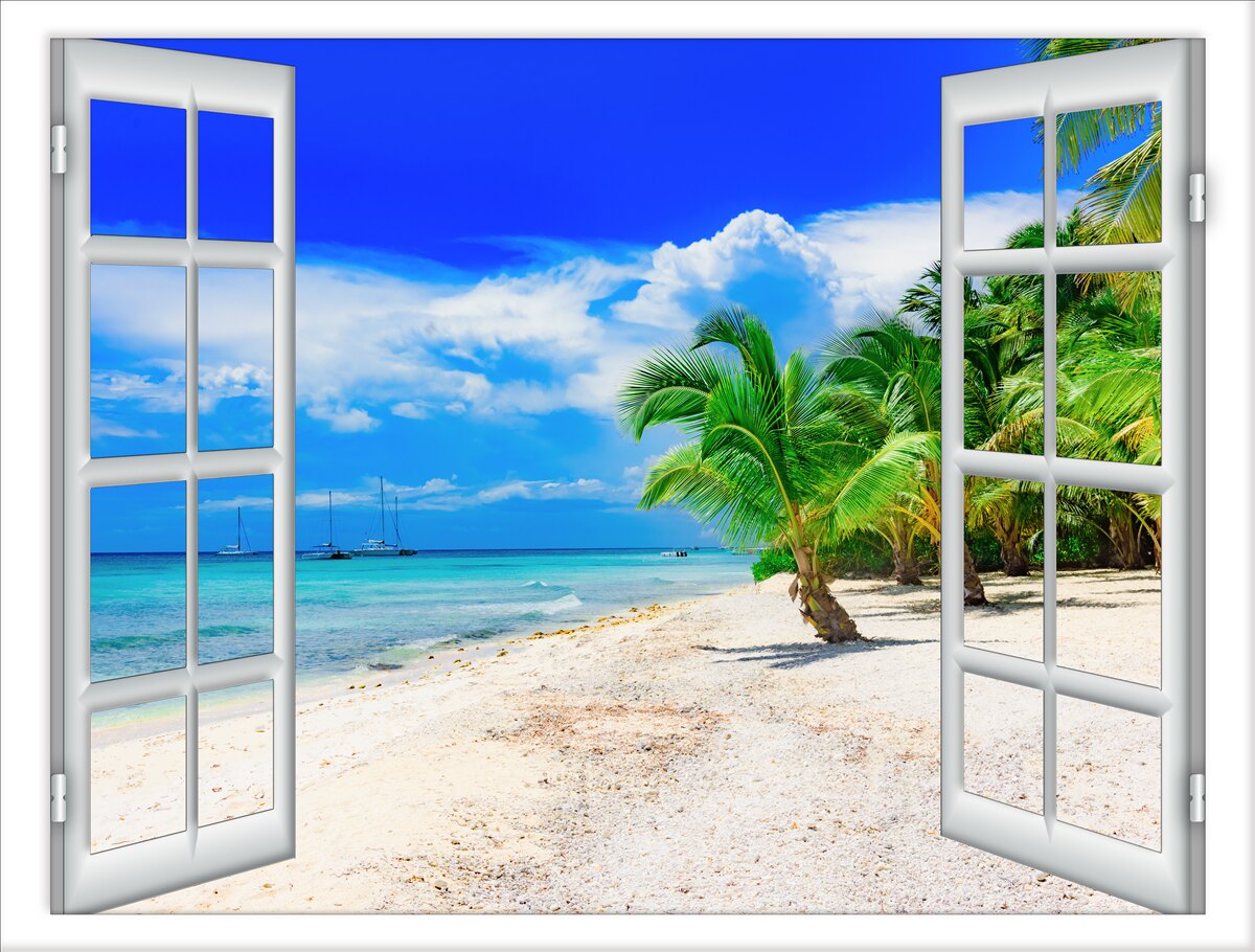 Fotobehang raam met uitzicht op zandstrand