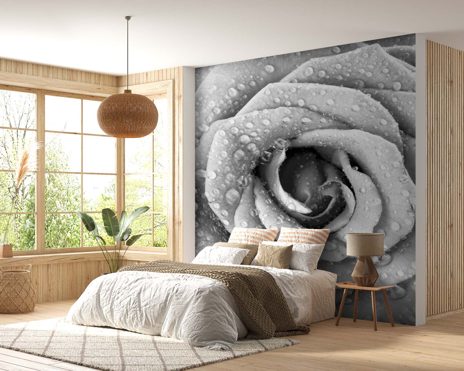 Fotobehang roos in zwart en wit met druppels