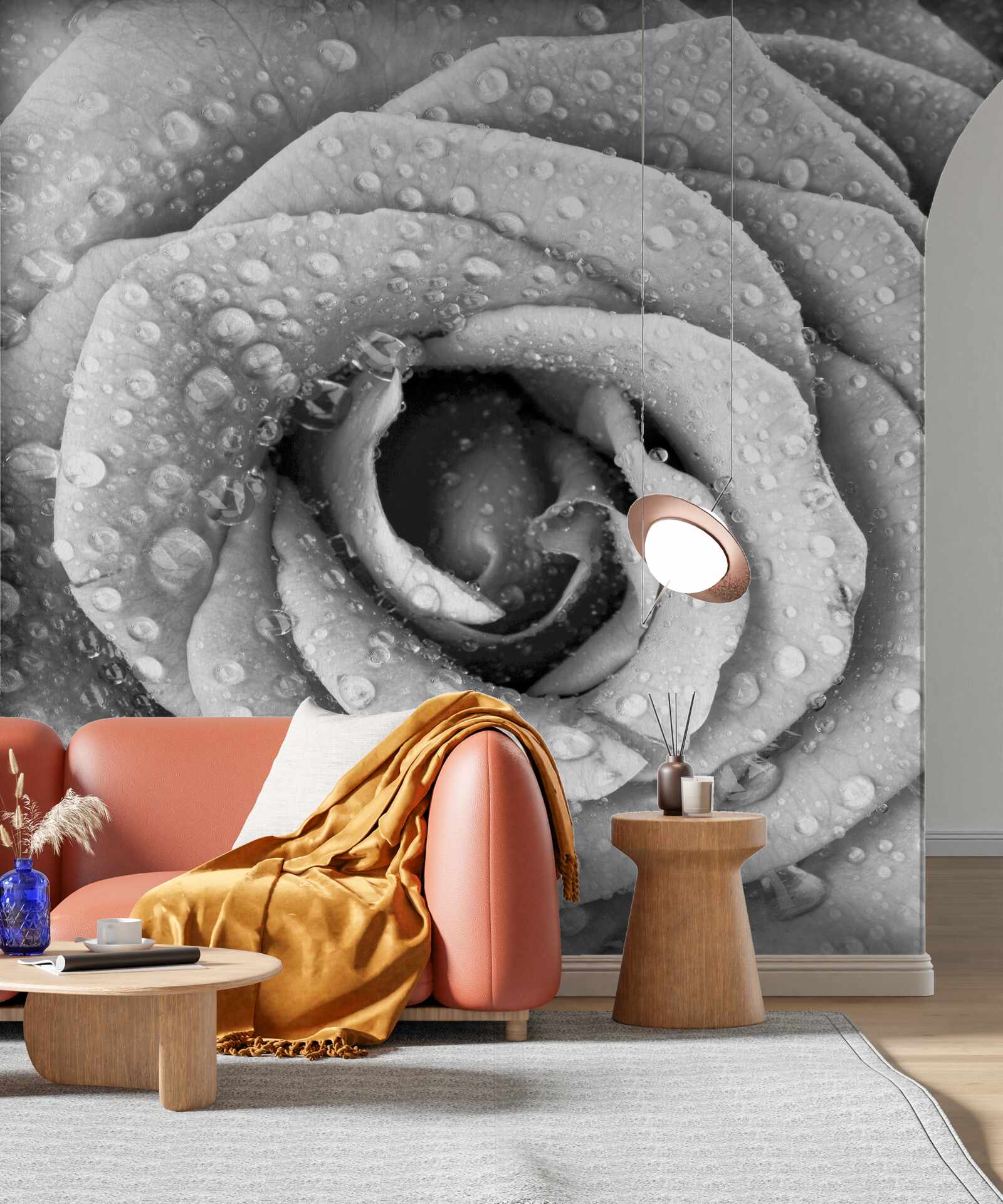 Fotobehang roos in zwart en wit met druppels
